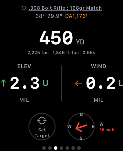 WristDope running on an Apple Watch showing a ballistic firing solution
